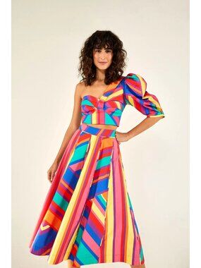 Farm Rio Bruna Stripes Top & Skirt 2 Pc Set Size Large Rainbow Crop Midi NEW